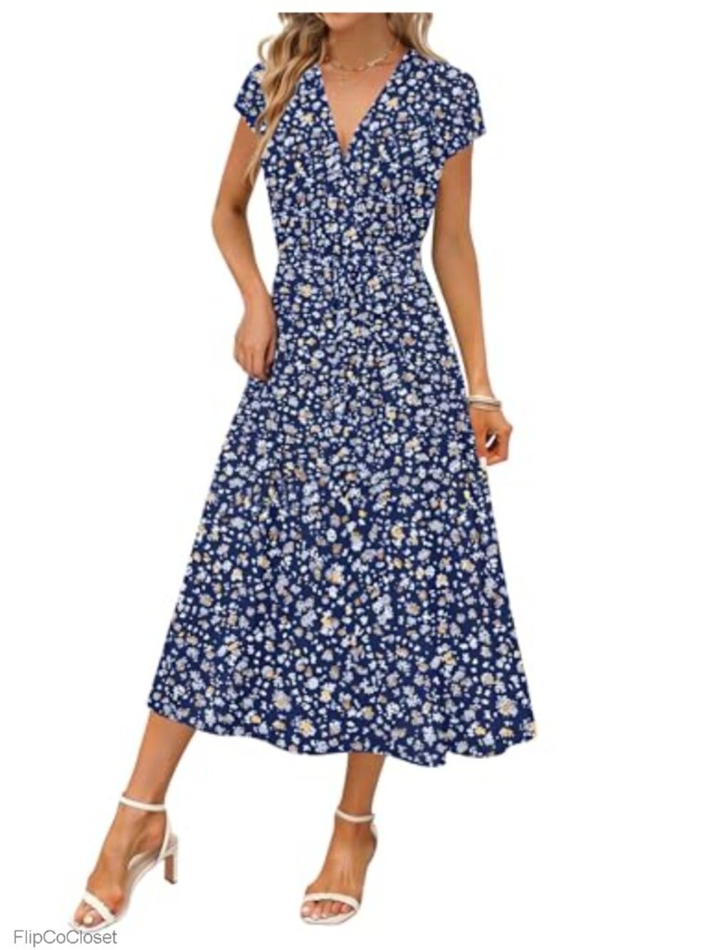 Women's Floral Boho Wrap Midi Dress Cap Sleeve Belted